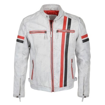 Men Biker Style Motorbike White Genuine Leather Jacket